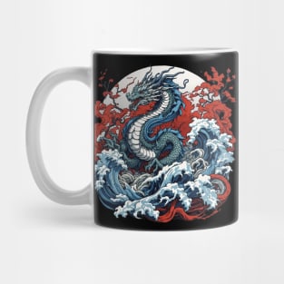 Dragon against the backdrop of a setting sun bathed in ocean waves Mug